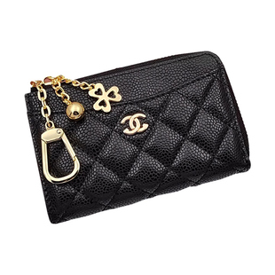 2026香风菱格纹卡包女真皮零钱包钥匙包小巧轻奢黑色拉链卡夹