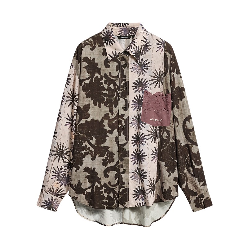 Desigual26秋冬新品宽松复古藤蔓雏菊印花拼接长袖女式衬衫