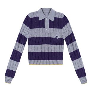 FDR官方店 美式复古撞色翻领麻花毛衣女春季辣妹修身针织打底衫