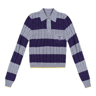 FDR官方店 美式复古撞色翻领麻花毛衣女春季辣妹修身针织打底衫