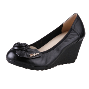 时尚真皮黑色高跟鞋女士单鞋春季坡跟女鞋34码软面皮浅口皮鞋防滑