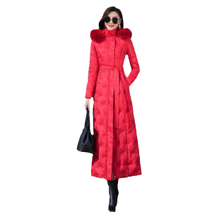 羽绒服女2024年新款大红色加长款狐狸毛过膝收腰轻薄90白鸭绒外套