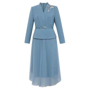 【重工刺绣羊毛纱裙】粉蓝衣橱2025春秋新款假两件交叠领连衣裙女