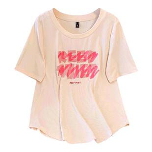 大码胖mmt恤正肩字母图案圆领针织衫夏季女装显瘦上衣 断码清货