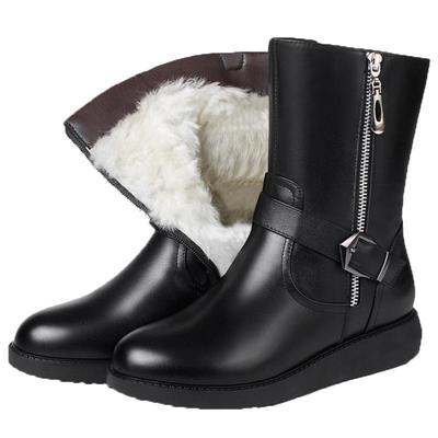 冬季加绒真皮羊毛女式鞋中筒短靴