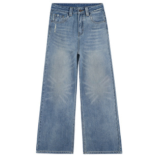 西岸社·美式复古蓝高腰阔腿牛仔裤女2026春季显瘦低腰弯刀拖地裤