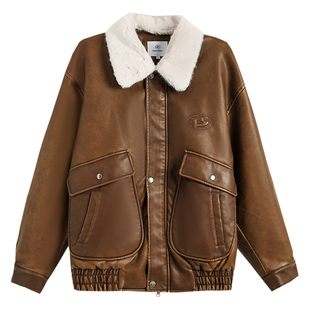 Turn Signal短款棕色皮衣外套女2025新款秋冬复古夹棉机车服夹克