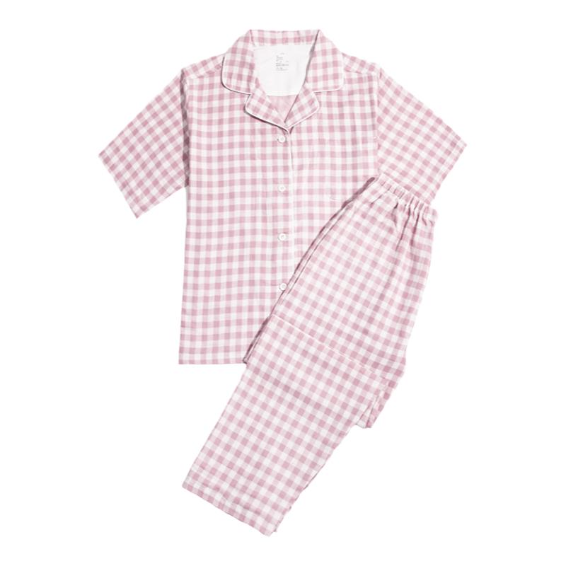 日式专柜睡衣双层纱纯棉女短袖短裤格子男情侣良品家居服套装夏季