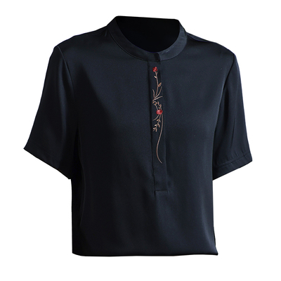 刺绣正品牌纯色双乔桑蚕丝上衣女