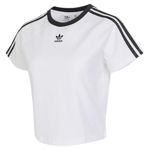 adidas阿迪达斯三叶草女子三条纹半袖夏女露脐运动短袖T恤JC8704