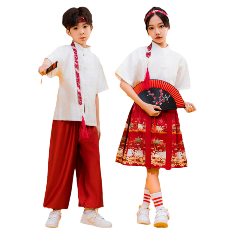 合唱班服运动会中小学啦啦队服酒红色儿童表演出服中国风毕业汉服