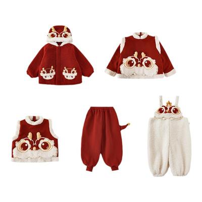 幼悠冬季男童神龙贴布绣标拼接毛绒连帽防风外套中国风年服套装潮