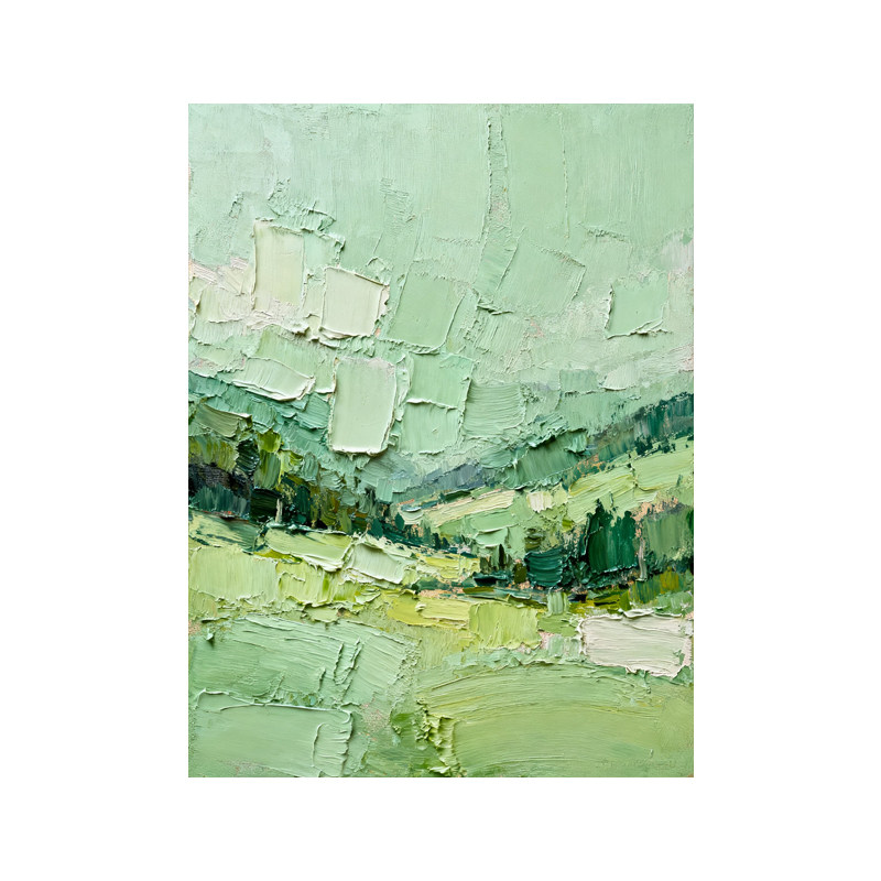 可班手绘油画浅绿山川油画装饰画
