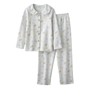 蕾丝娃娃领卡通睡衣女春秋冬季纯棉空气层三层夹棉保暖家居服套装