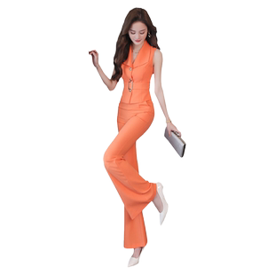 时夏季尚气质套装女翻领无袖挂脖上衣阔腿裤两件套女装御姐高级感