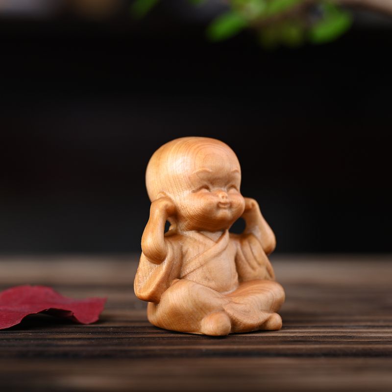 崖柏雕刻四不小和尚禅意手把家居件桌面小摆件工艺品小沙弥博古架