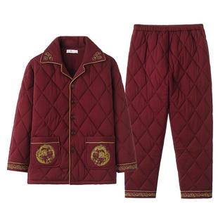 红色本命年男士睡衣加厚三层纯棉夹棉大码秋冬款青中年全棉家居服