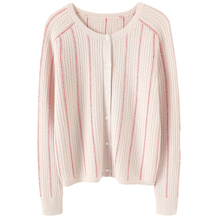 雍容华贵！拼色条纹圆领羊绒开衫女纯羊绒毛衣针织衫秋冬外套