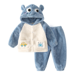 宝宝冬季加绒加厚套装婴儿睡衣秋冬款女童连帽珊瑚绒法兰绒居家服