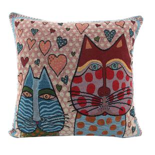 民族风双面复古虎猫棉麻古典抱枕套 格调民宿客栈沙发靠垫45*45cm