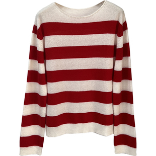 100绵羊毛~慵懒风红白条纹撞色针织衫宽松套头百搭毛衣上衣打底衫
