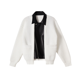 NANASTORE拼接外套女2024春季新款白色夹克针织开衫上衣休闲复古