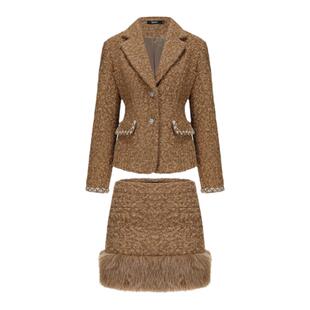 AGAM冬季小香风千金复古毛呢收腰显瘦西装外套毛绒拼接半身裙套装