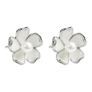 小银匠纯银小耳钉女山茶花高级珐琅烤瓷花朵天然贝母珍珠耳环耳饰