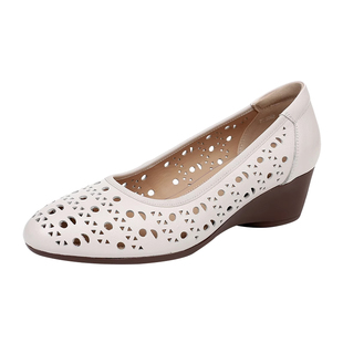 夏天鞋子真皮镂空单鞋透气坡跟凉鞋中跟舒适软底洞洞头层牛皮女鞋