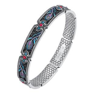 凤麟 新中式国风999足银手镯女景泰蓝珐琅彩轻奢闭口纯银镯子