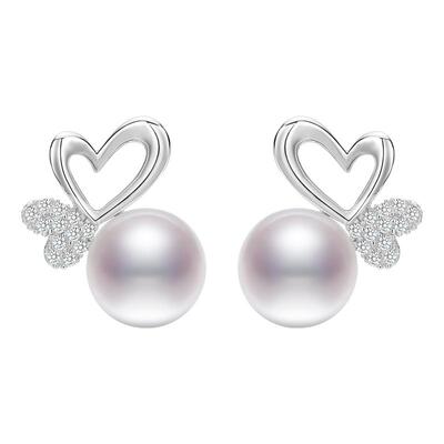黛米珠宝 满分爱 8-9mm淡水无核珍珠耳钉S925银爱心款珍珠耳饰女