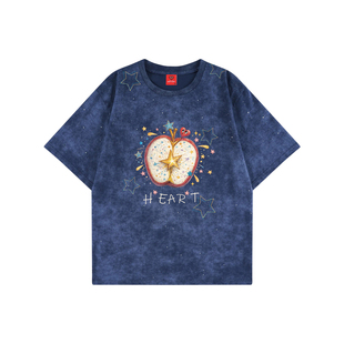 查尔斯桃心美式苹果星星印花满天星短袖T恤男女宽松百搭纯棉上衣
