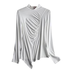 不等式t恤女上衣 不规则设计潮流性感胸前皱褶结构不对称打底衫