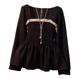 大码女装名媛风小众设计简约打底衫胖妹妹方领压褶赫本边长袖上衣