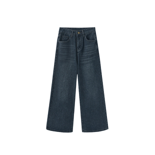 蓝灰色直筒牛仔裤女大码春季新款胖mm梨型身材显瘦宽松垂感阔腿裤