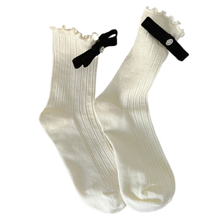 好看的袜子女中筒袜配乐福鞋黑白色堆堆袜ins可爱蝴蝶结高腰长袜