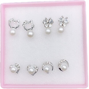 日韩精致水钻耳钉胶针塑料针女四叶花天鹅简约气质仿珍珠耳饰