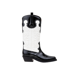 ALEXSARA 2026早春新款 方头真皮电绣拼色复古牛仔靴不过膝中筒靴