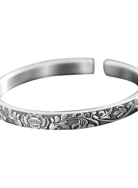 复古民族风雕花实心福字银手镯