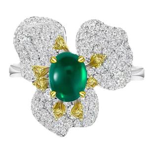 NITIN HUANG 培育祖母绿素面花朵戒指 925纯银镀真金 蛋面2克拉