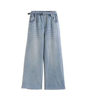 女童带钻牛仔裤2026春款牛仔阔腿裤洋气松紧腰系带长裤外穿休闲裤