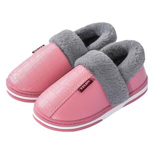 防水棉拖鞋防滑老人包跟女士冬季家居室内加厚加绒保暖皮面棉鞋男