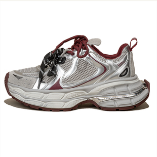 安可拉红厚底老爹鞋2026春季新款拼色双鞋带运动鞋百搭网面女鞋子