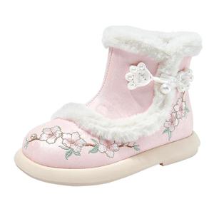 芭比童鞋女童汉服鞋2024新款冬季加绒儿童靴子雪地靴国风古风棉鞋