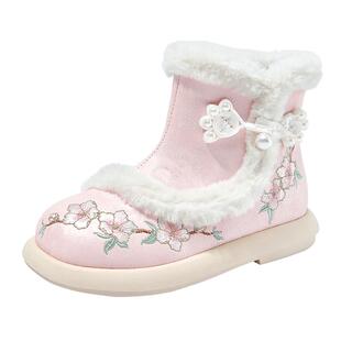 芭比童鞋女童汉服鞋2025新款冬季加绒儿童靴子雪地靴国风古风棉鞋