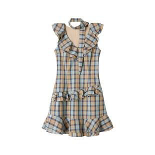 【巧特方糖】Uena格纹双层荷叶花边领短款A字无袖连衣裙附领带女