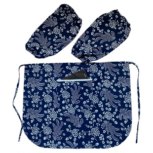 成人民族风采茶围裙纯棉蓝花布半截有口袋围兜农家乐半身围裙套装