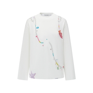 Alexia Sandra2025新款白色海洋奇遇破碎链条印花长袖T恤上衣宽松