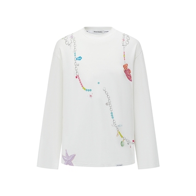 Alexia Sandra2025新款白色海洋奇遇破碎链条印花长袖T恤上衣宽松