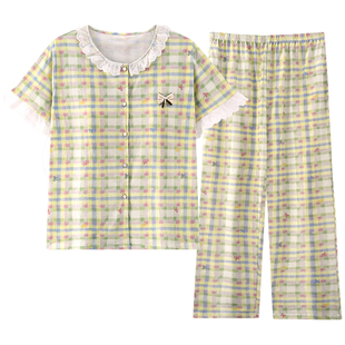 梦鸾纯棉格纹女款睡衣夏季2026新款花边短袖上衣长裤子家居服套装